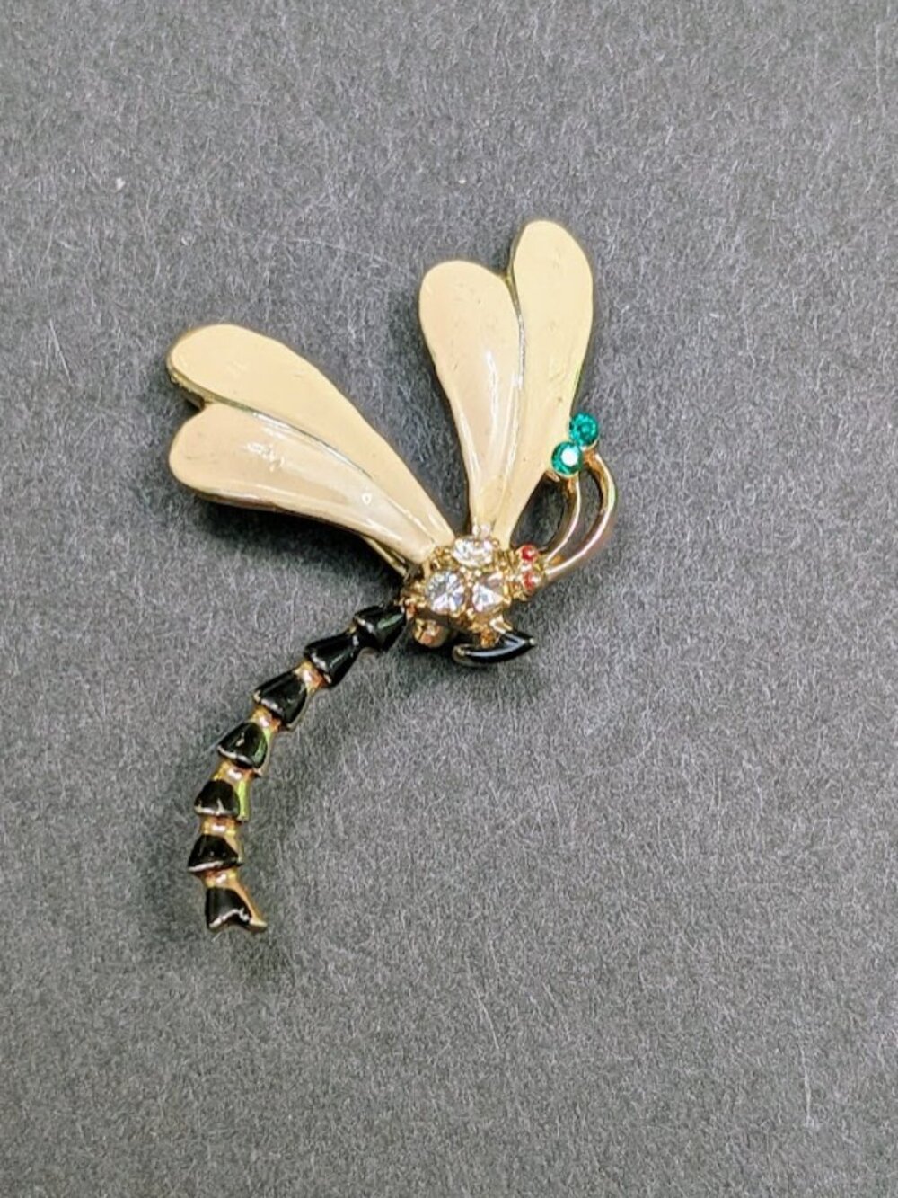 Vintage Dragonfly Brooch Cream Enamel Rhinestone Figural Insect Pin